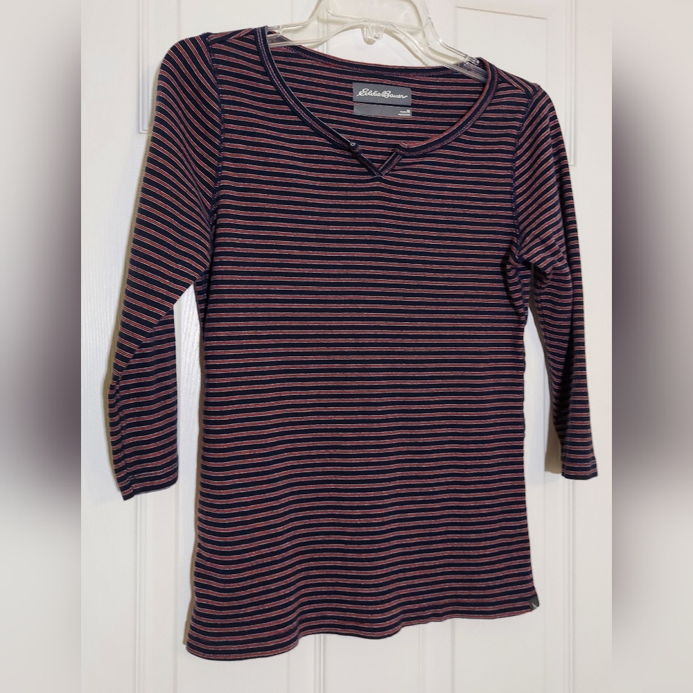 Eddie Bauer Medium 3/4 Sleeve Navy Blue, Red-Orange, & White Stripe 100% Cotton